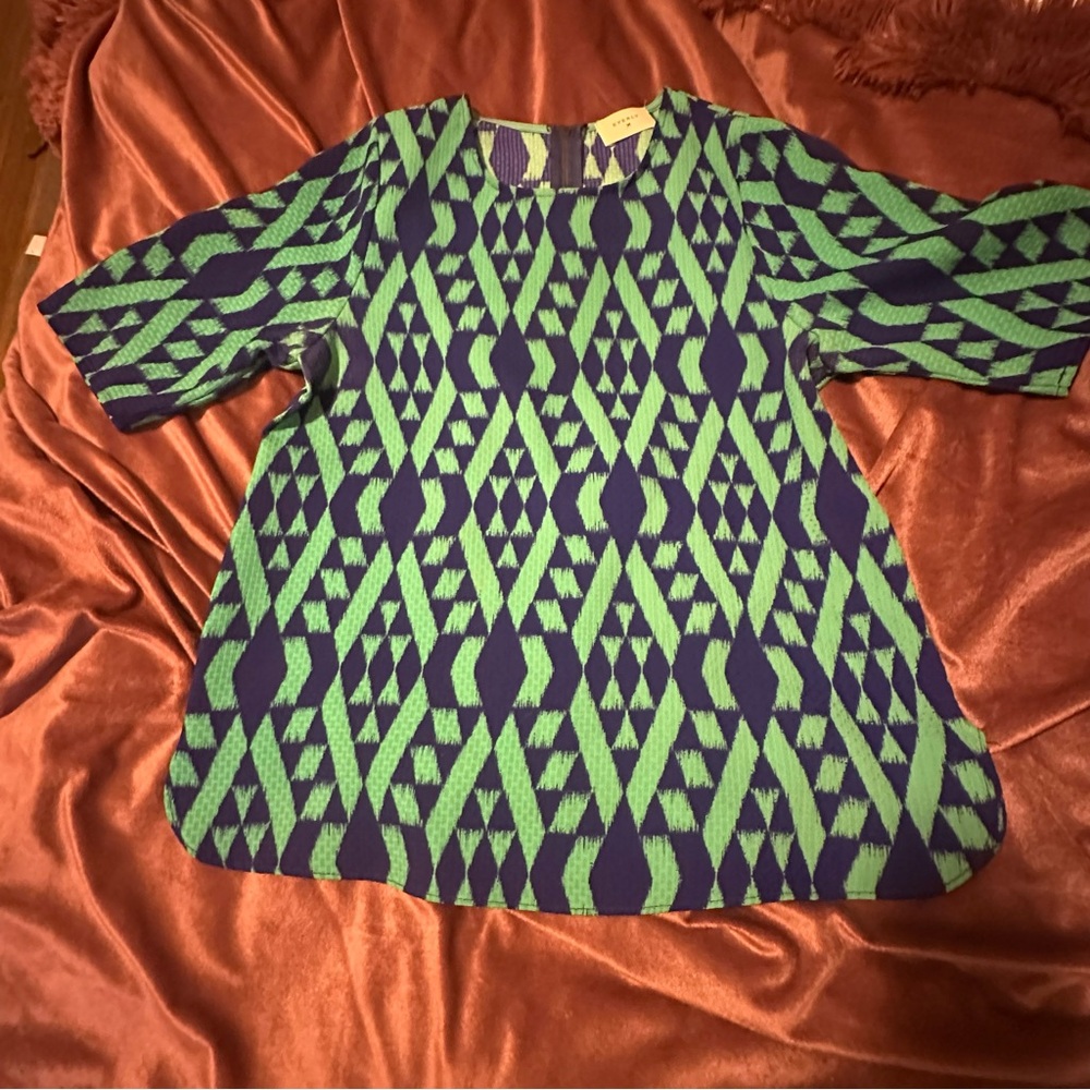 Everly Green and Blue Boxy Blouse with Peter Pan Collar
